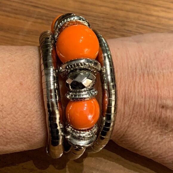 Bracelet, fashion, silver and orange coil, large scale, boho, native, cowgirl - Picture 3 of 16